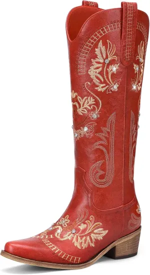 Lumeheel Cowboy Boots for Women - Knee High Western Cowgirl Boots, Sparkly Rhinestone Retro Country Boots with Classic Embroidered, Pointed Toe Chunky Heel Pull on Zipper Fashion Vintage Tall Boots