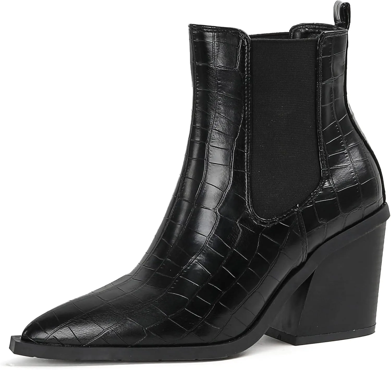 Lutalica Classic Women's Pointed Toe Animal Print Slip On Autumn Winter Stacked Chunky Heel Stretchy Chelsea Ankle Boots