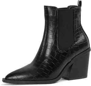 Lutalica Classic Women's Pointed Toe Animal Print Slip On Autumn Winter Stacked Chunky Heel Stretchy Chelsea Ankle Boots