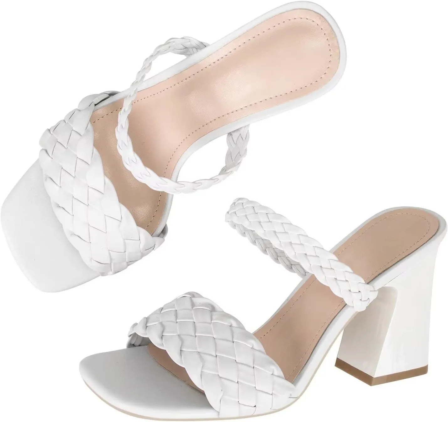 LUXINYU Braided Sandals for Women Square Open Toe Backless Mules Slip On Chunky Block Heel Slide Sandals