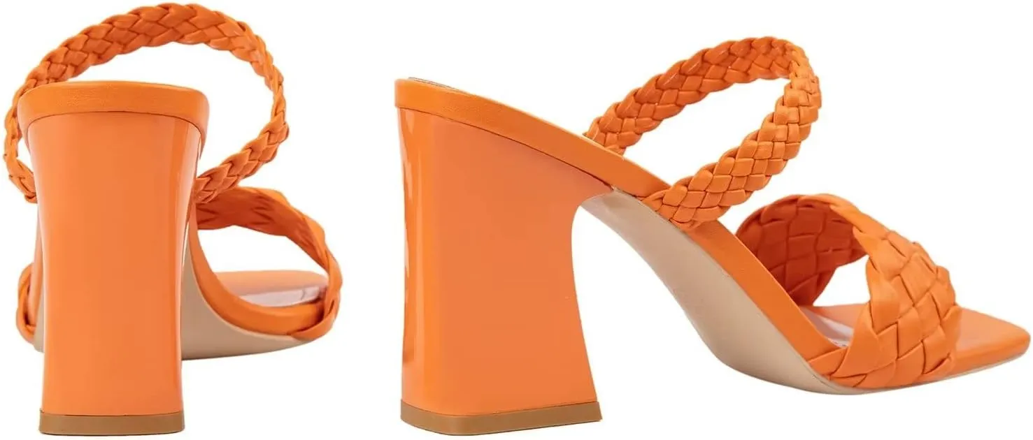LUXINYU Braided Sandals for Women Square Open Toe Backless Mules Slip On Chunky Block Heel Slide Sandals