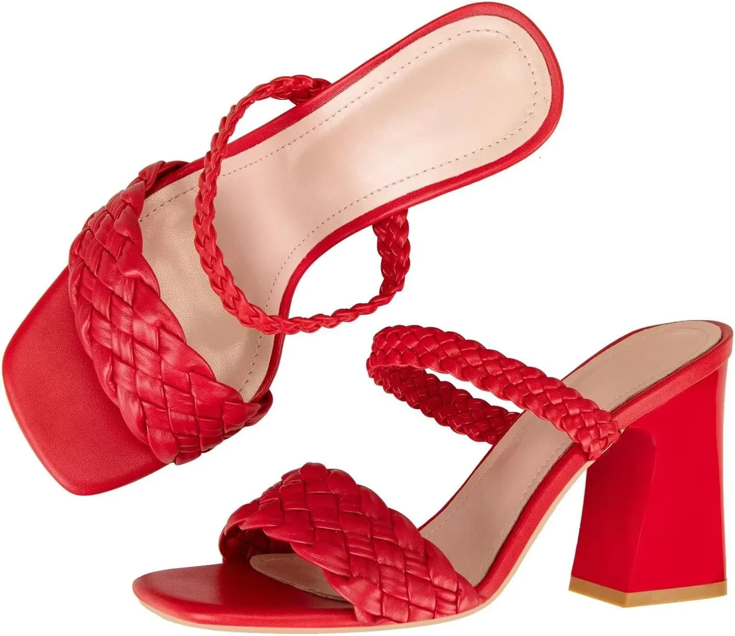 LUXINYU Braided Sandals for Women Square Open Toe Backless Mules Slip On Chunky Block Heel Slide Sandals