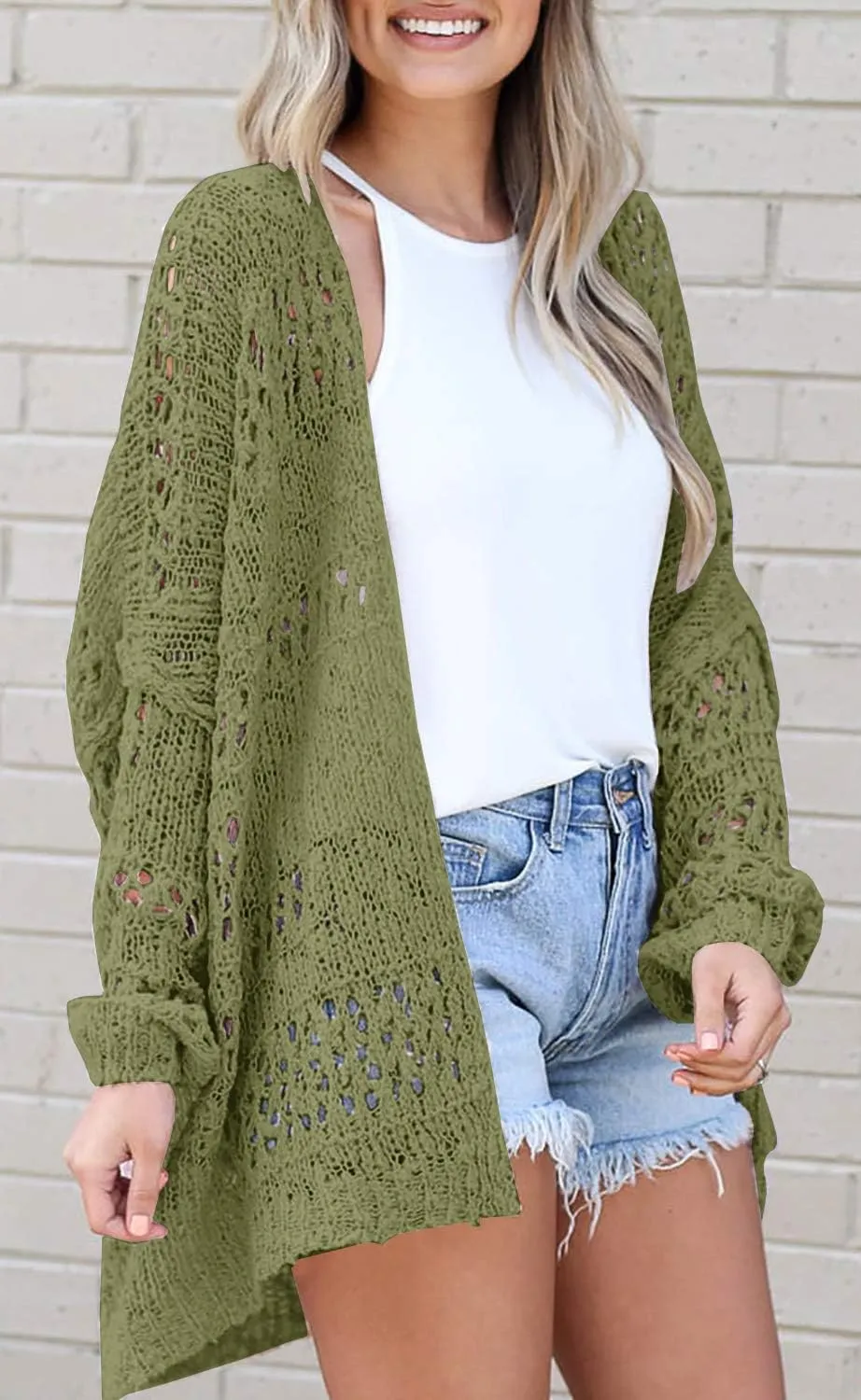 Mafulus Women's Crochet Cardigan Kimono Boho Long Sleeve Lightweight Soft Oversized Open Front Knitted Sweater