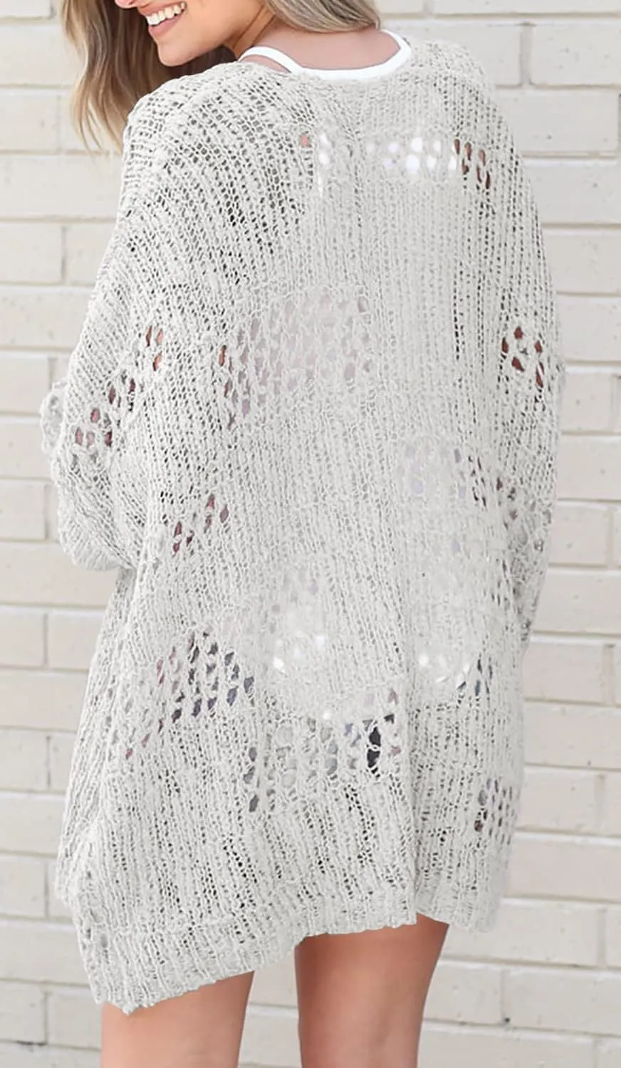 Mafulus Women's Crochet Cardigan Kimono Boho Long Sleeve Lightweight Soft Oversized Open Front Knitted Sweater