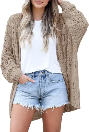 Mafulus Women's Crochet Cardigan Kimono Boho Long Sleeve Lightweight Soft Oversized Open Front Knitted Sweater