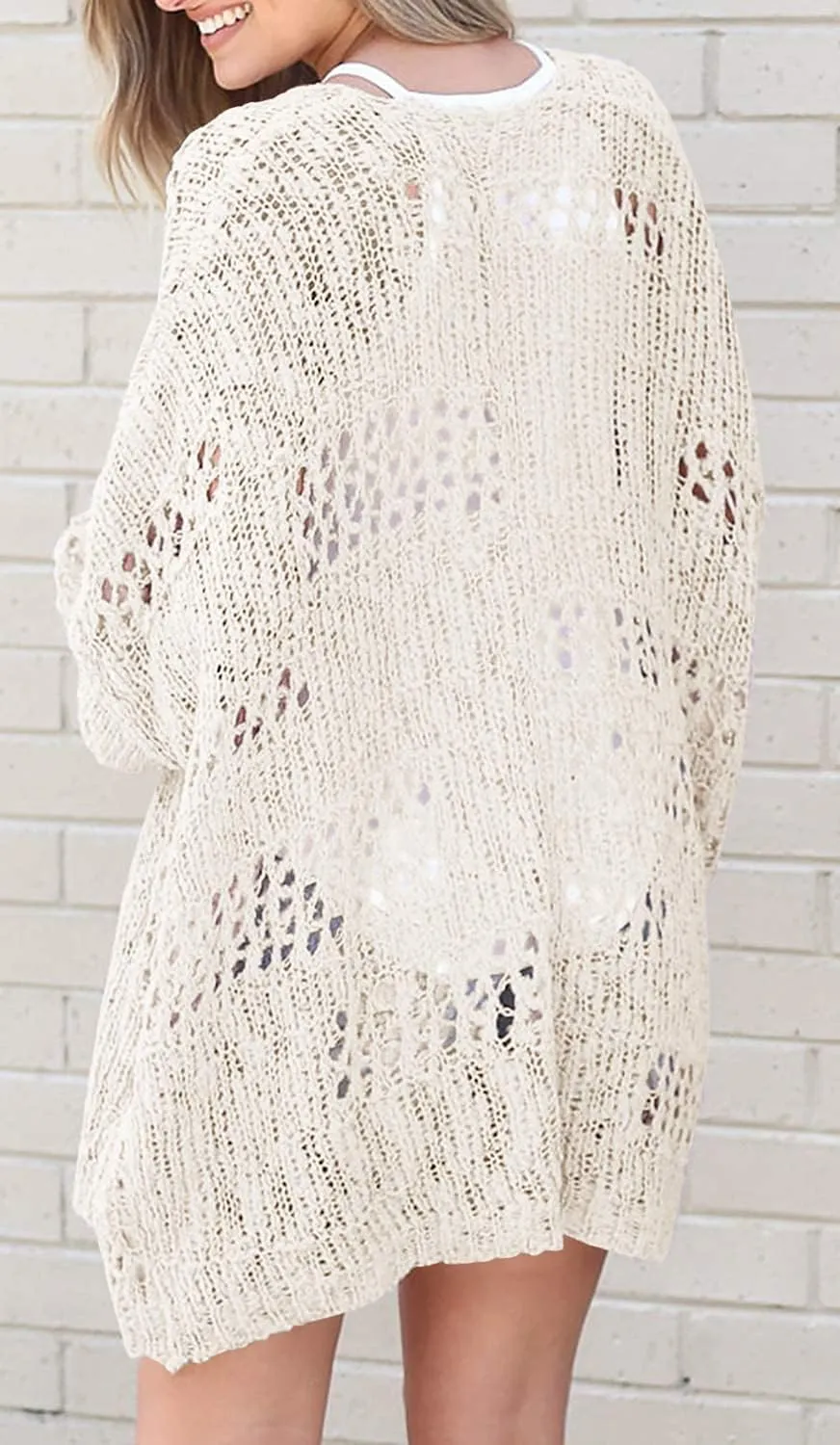 Mafulus Women's Crochet Cardigan Kimono Boho Long Sleeve Lightweight Soft Oversized Open Front Knitted Sweater