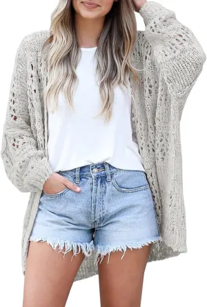 Mafulus Women's Crochet Cardigan Kimono Boho Long Sleeve Lightweight Soft Oversized Open Front Knitted Sweater