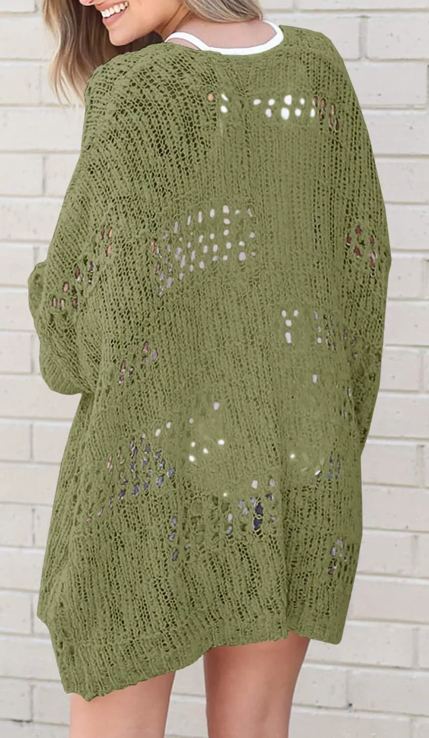 Mafulus Women's Crochet Cardigan Kimono Boho Long Sleeve Lightweight Soft Oversized Open Front Knitted Sweater