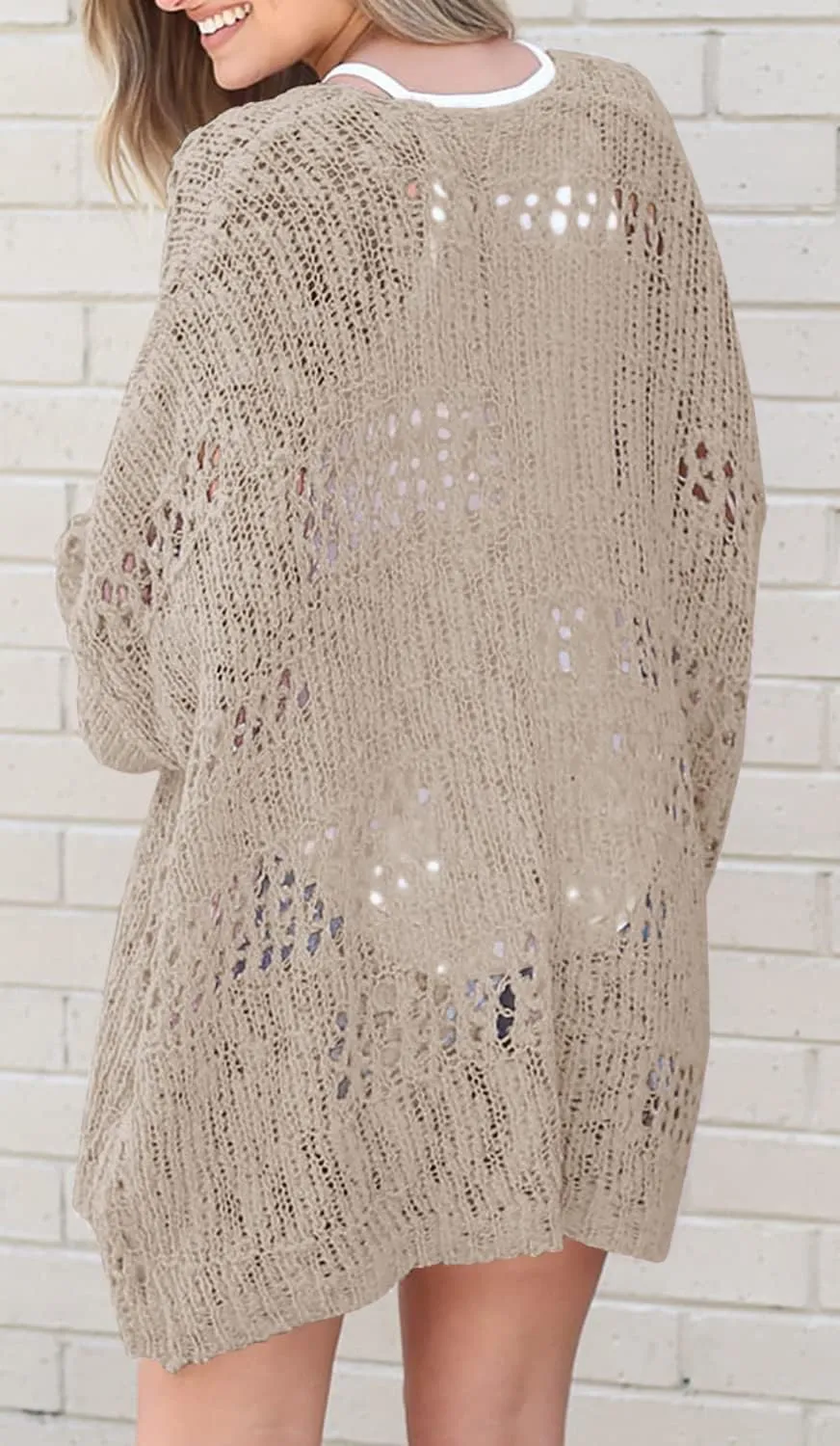Mafulus Women's Crochet Cardigan Kimono Boho Long Sleeve Lightweight Soft Oversized Open Front Knitted Sweater