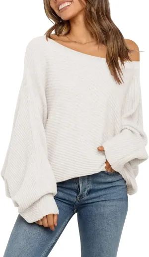 Mafulus Women's Oversized Crewneck Sweater Batwing Puff Long Sleeve Cable Slouchy Pullover Jumper Tops