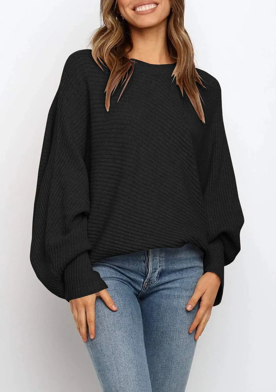 Mafulus Women's Oversized Crewneck Sweater Batwing Puff Long Sleeve Cable Slouchy Pullover Jumper Tops