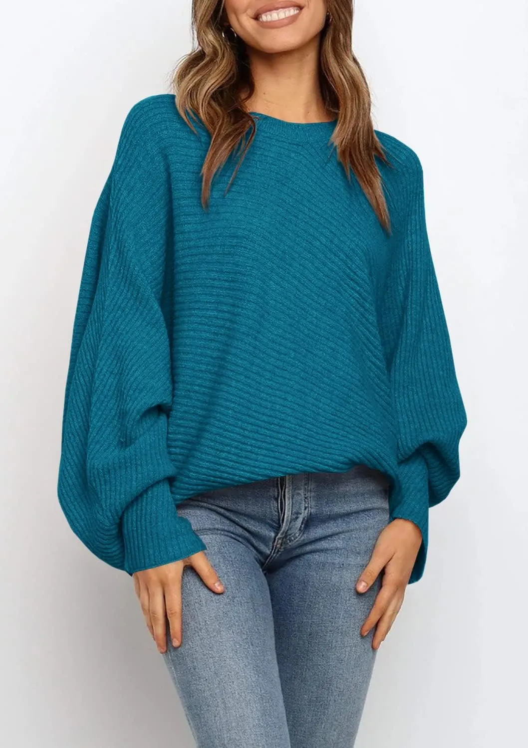 Mafulus Women's Oversized Crewneck Sweater Batwing Puff Long Sleeve Cable Slouchy Pullover Jumper Tops