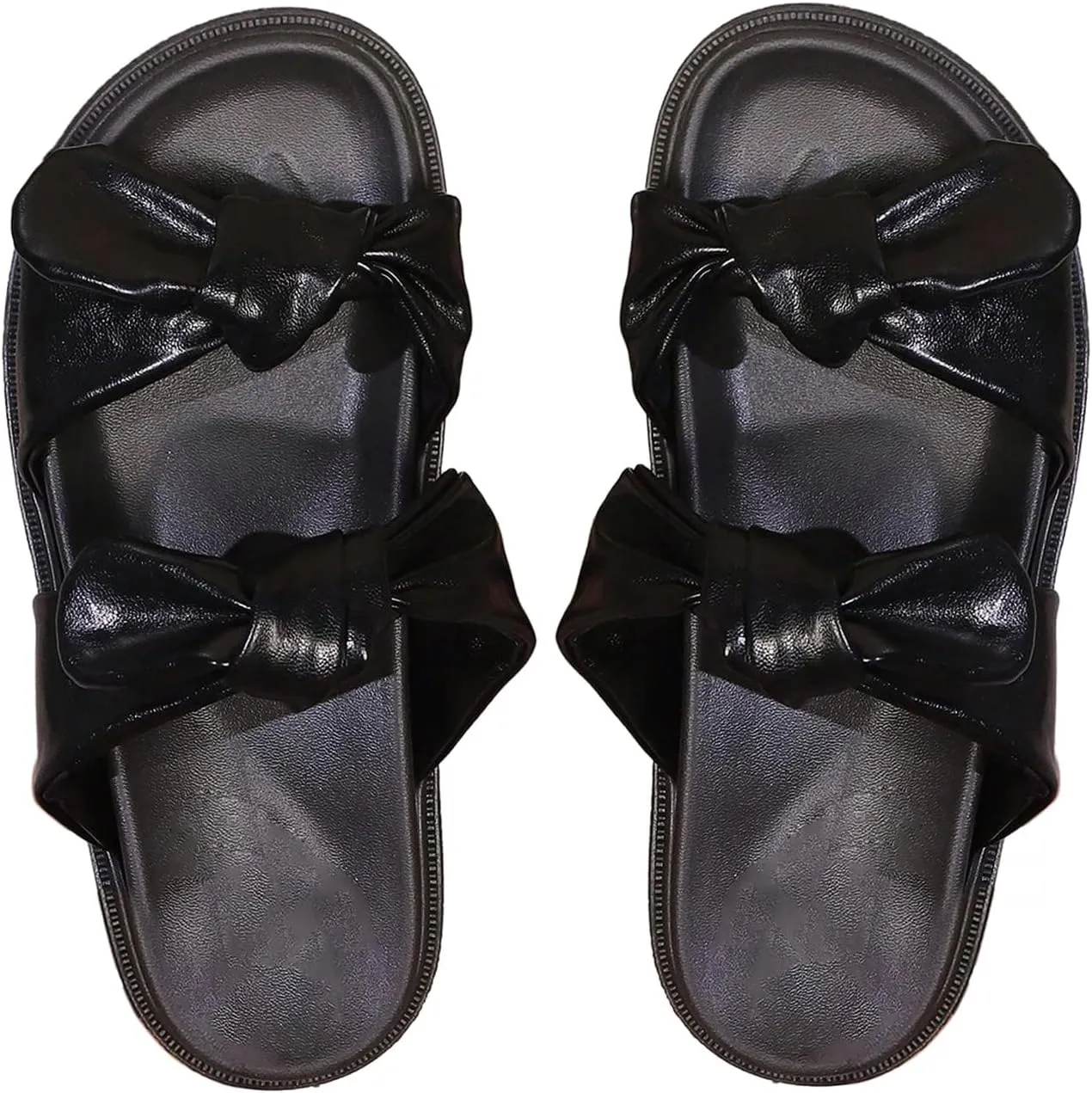 MakeMeChic Women's PU Leather Bow Flat Sandals Double Strap Open Toe Slide Sandals