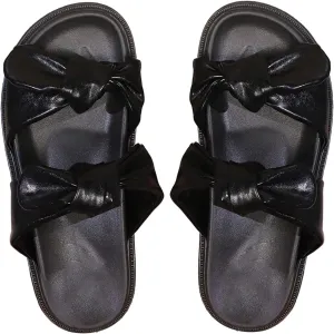 MakeMeChic Women's PU Leather Bow Flat Sandals Double Strap Open Toe Slide Sandals