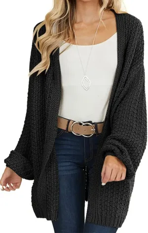 Maroway Womens Cardigan Solid Color Long Sleeve Open Front Chunky Knit Sweater Outwear