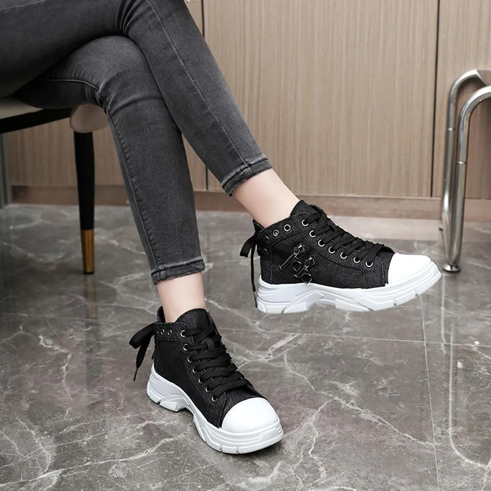 MAUGELY Women's High Top Heightened Sole Sports Causal Fashion Sneakers Canvas Shoes