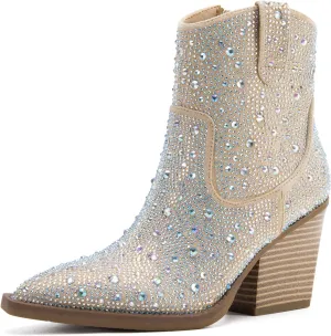 MaxMuxun Women's Rhinestone Cowboy Boots Ankle Boots for Women Pointed Toe Heel Booties Sparkly Cowgirl Western Fall Boots for Women 2024