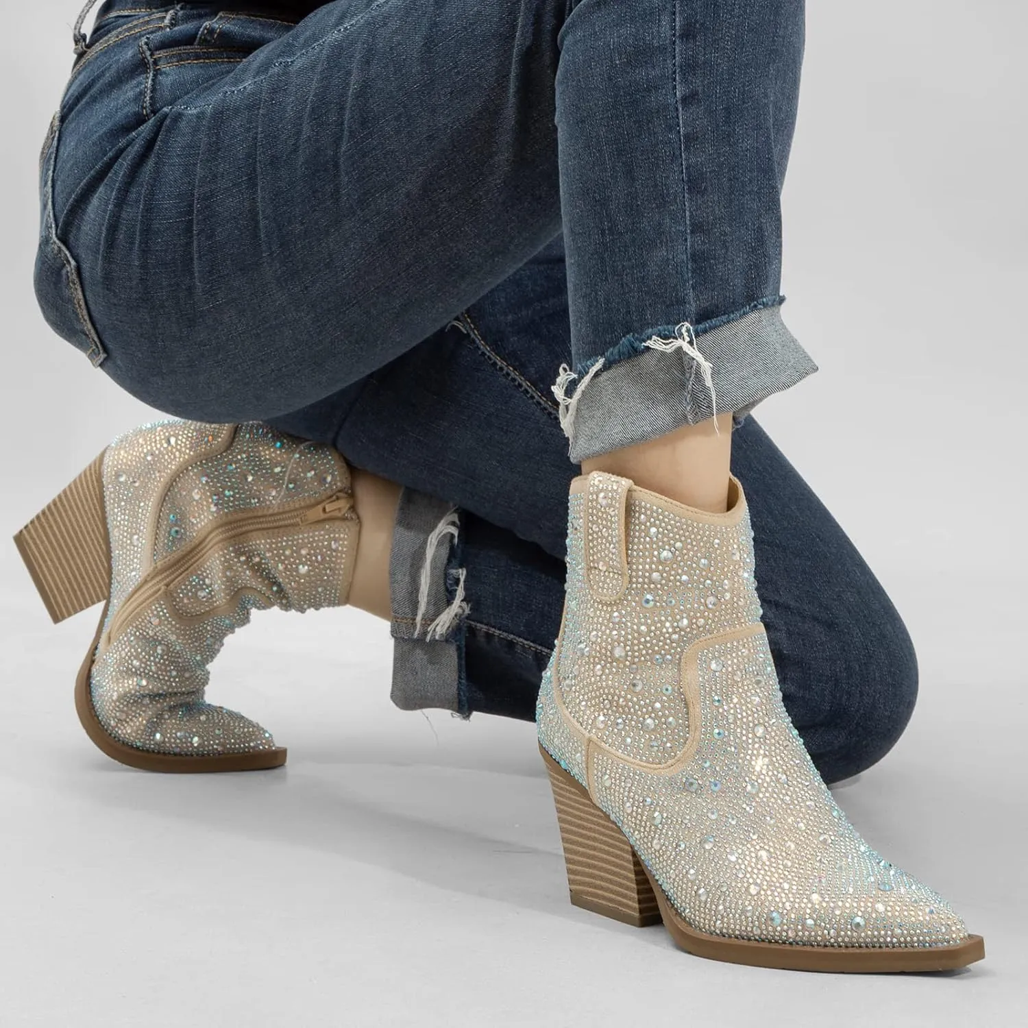 MaxMuxun Women's Rhinestone Cowboy Boots Ankle Boots for Women Pointed Toe Heel Booties Sparkly Cowgirl Western Fall Boots for Women 2024