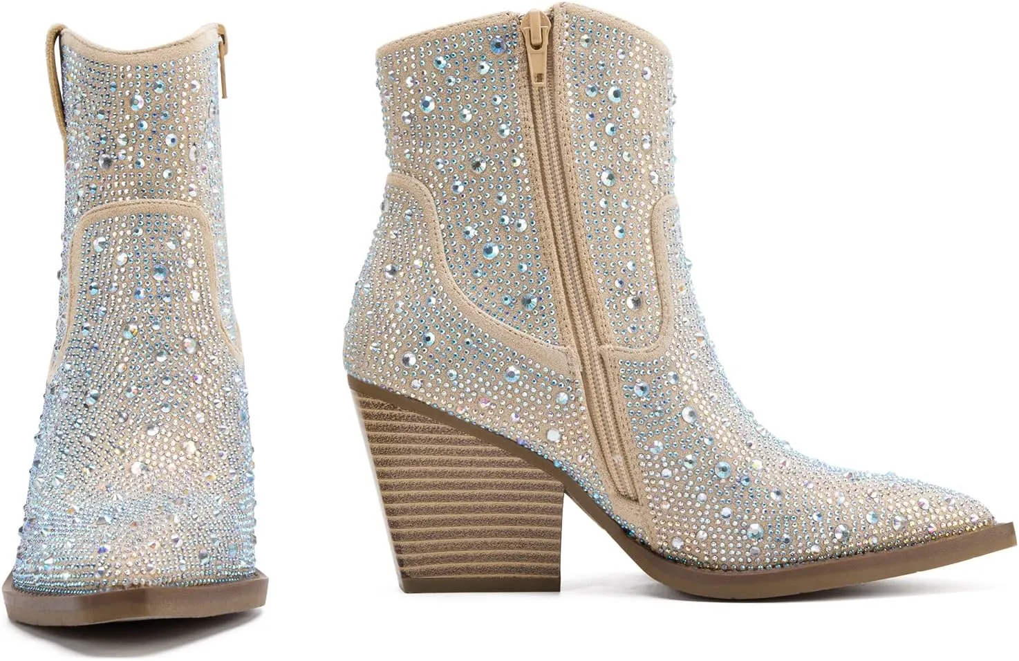 MaxMuxun Women's Rhinestone Cowboy Boots Ankle Boots for Women Pointed Toe Heel Booties Sparkly Cowgirl Western Fall Boots for Women 2024