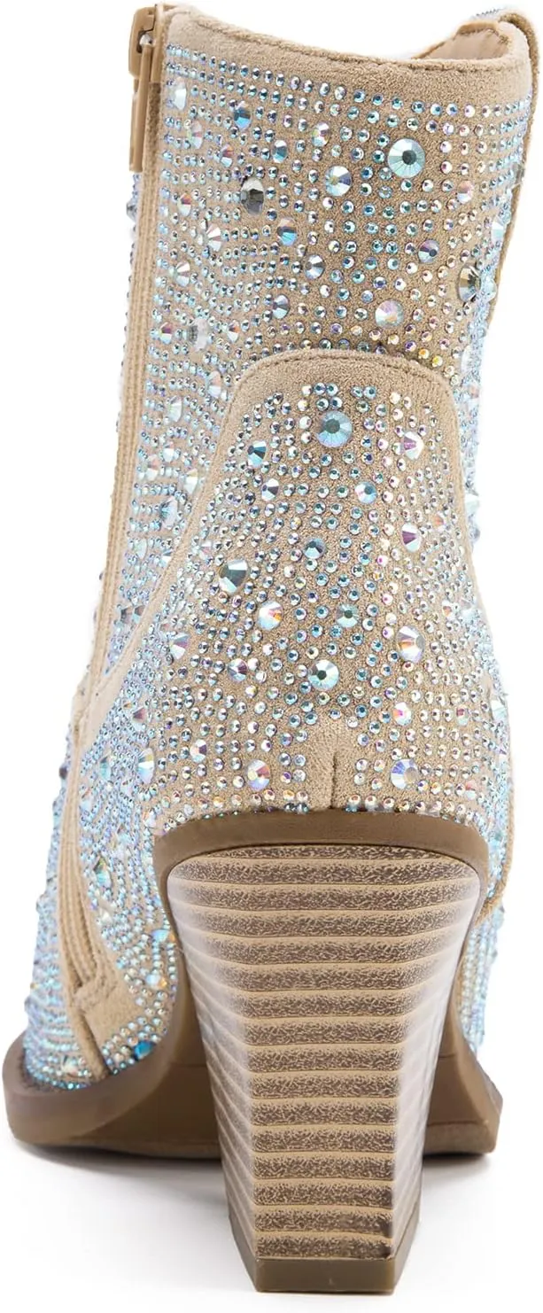 MaxMuxun Women's Rhinestone Cowboy Boots Ankle Boots for Women Pointed Toe Heel Booties Sparkly Cowgirl Western Fall Boots for Women 2024