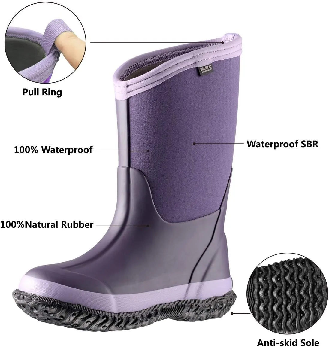 MCIKCC Kids Rubber Rain Boots, Waterproof Solid Classic Pull On Snow Wellies Boot for Children Toddler Boys Girls