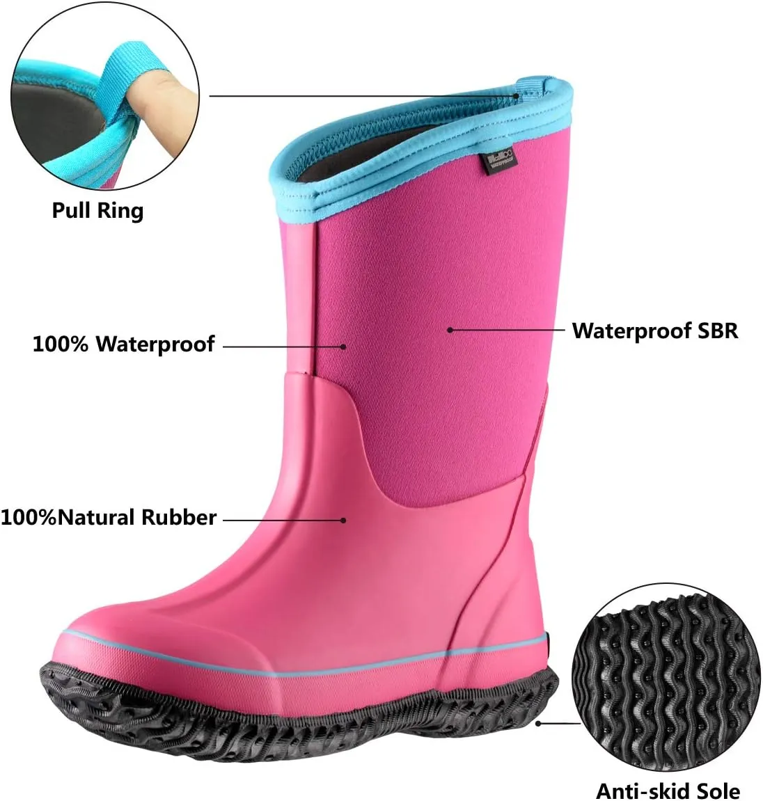 MCIKCC Kids Rubber Rain Boots, Waterproof Solid Classic Pull On Snow Wellies Boot for Children Toddler Boys Girls