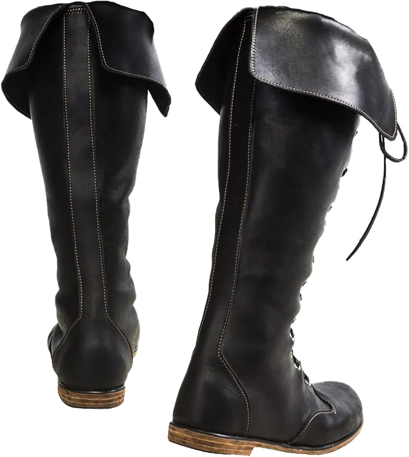 Medieval Renaissance Leather Boots for Men & Women Mid Calf Lace Up Gothic Viking Pirate Boots for Halloween Cosplay