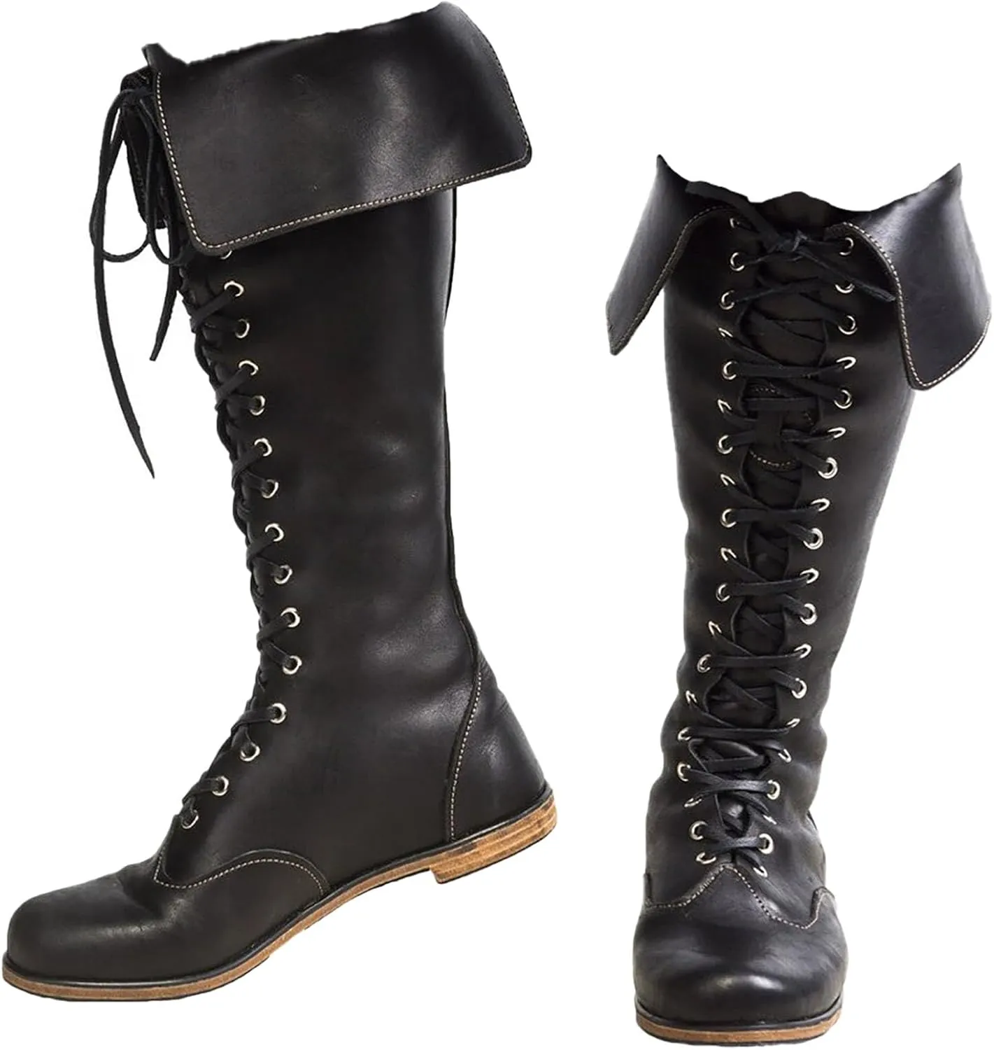 Medieval Renaissance Leather Boots for Men & Women Mid Calf Lace Up Gothic Viking Pirate Boots for Halloween Cosplay