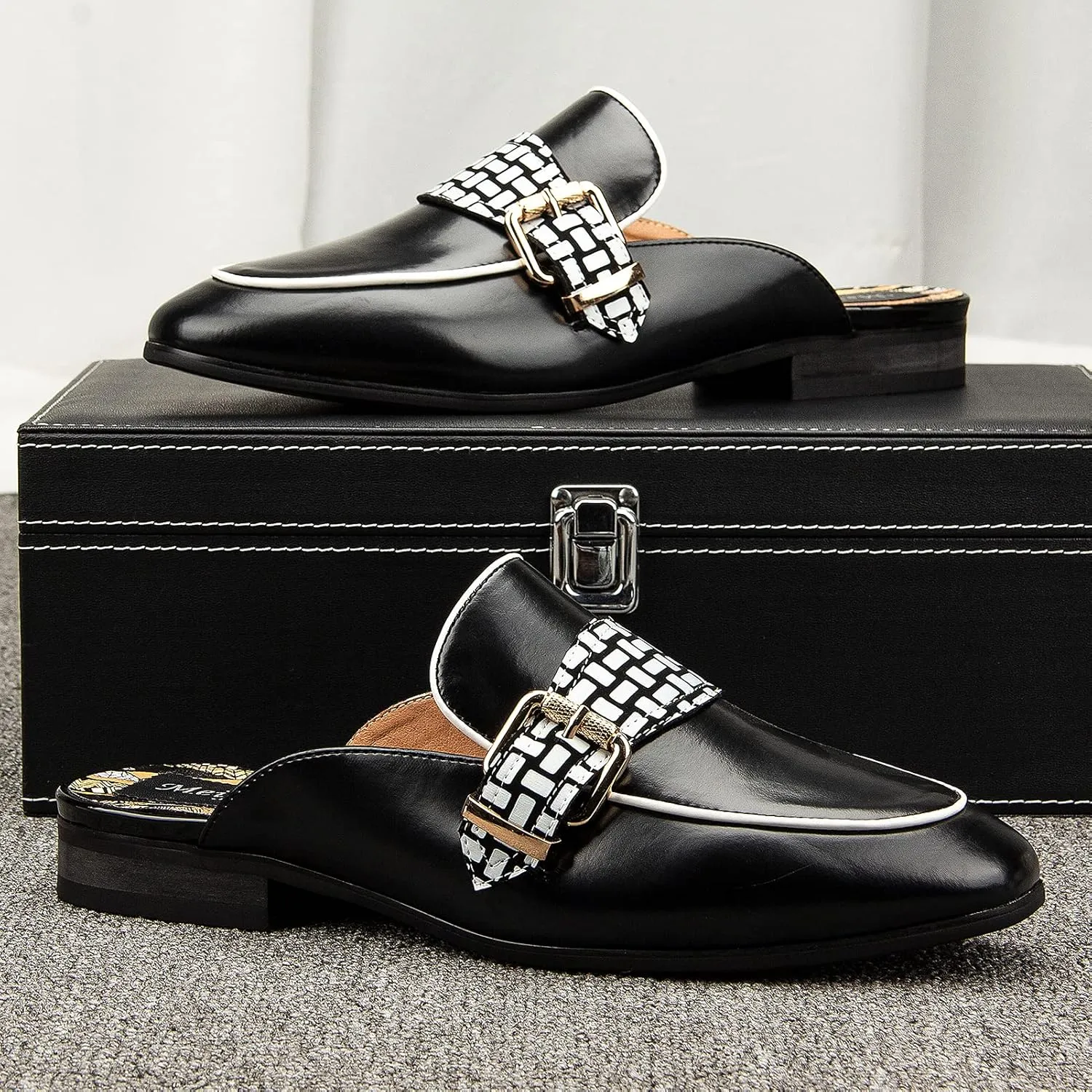 Meijiana Men's Slippers Slip-On Loafers Leather Formal Wear Casual Open Back Sandals