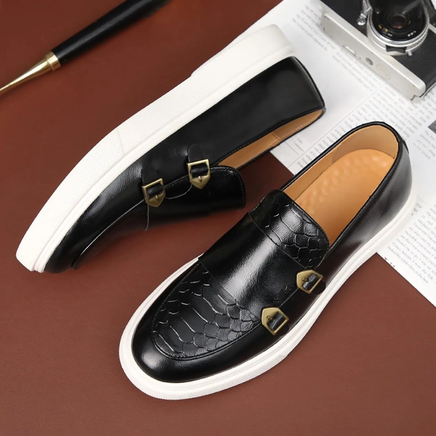 Men Double Monk Strap Dress Sneakers,Casual Fashion Formal Business Patent Leather Slip On Loafers Dress Shoes Penny Loafers