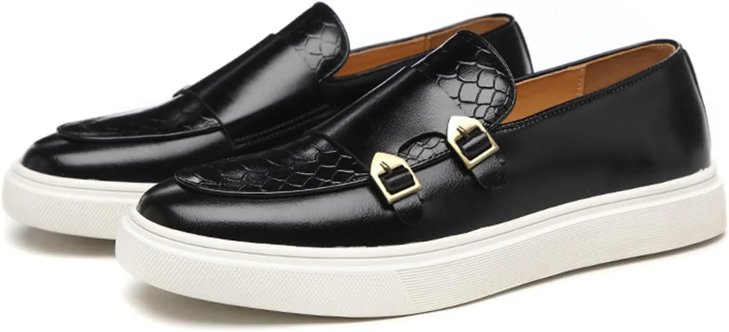Men Double Monk Strap Dress Sneakers,Casual Fashion Formal Business Patent Leather Slip On Loafers Dress Shoes Penny Loafers