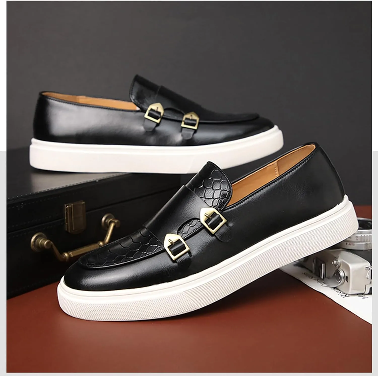 Men Double Monk Strap Dress Sneakers,Casual Fashion Formal Business Patent Leather Slip On Loafers Dress Shoes Penny Loafers