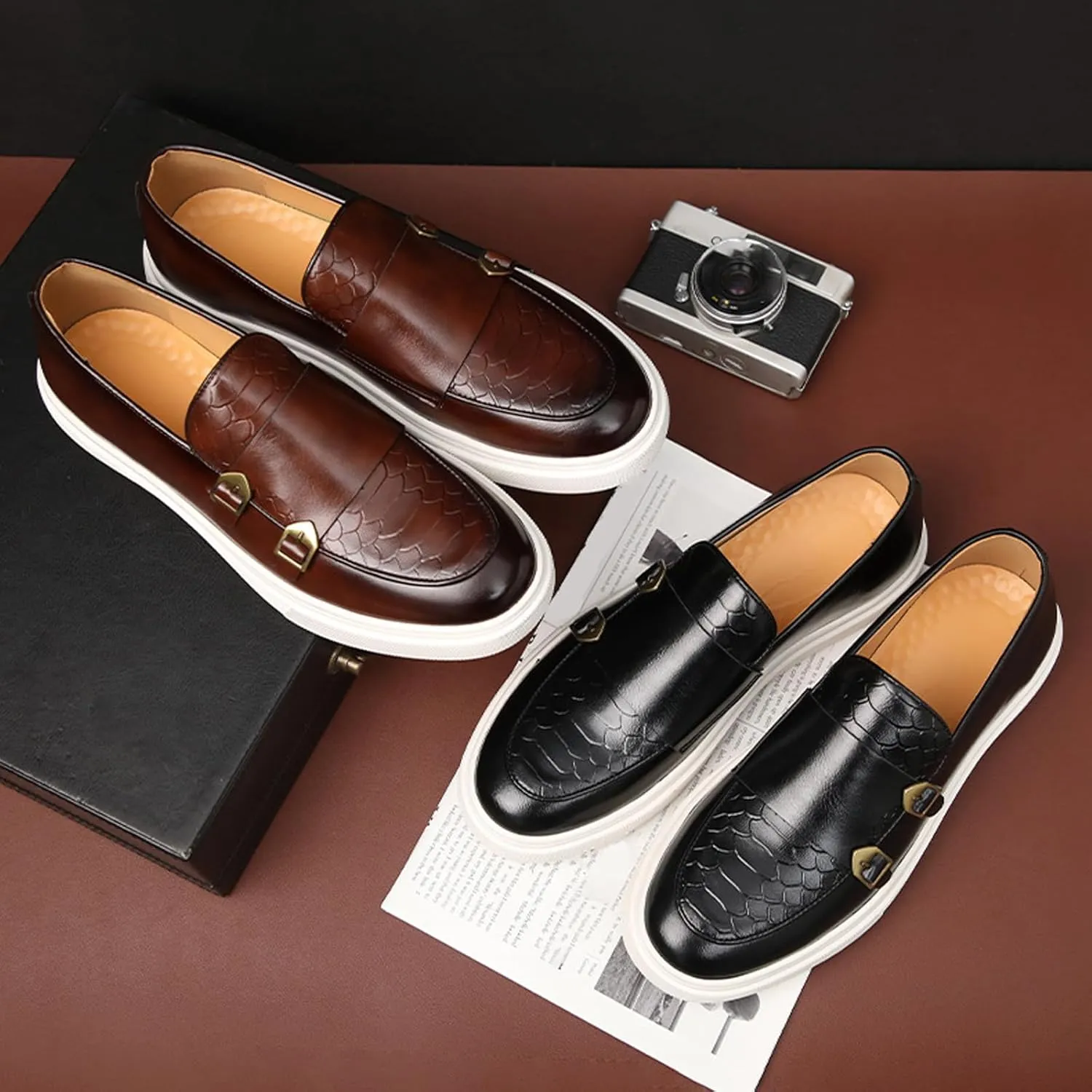 Men Double Monk Strap Dress Sneakers,Casual Fashion Formal Business Patent Leather Slip On Loafers Dress Shoes Penny Loafers