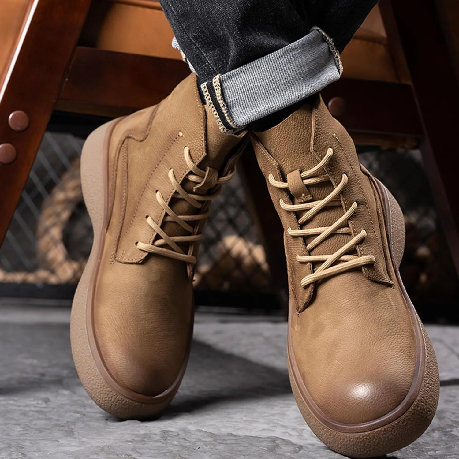 Men Lace Up Cowboy Boots, Genuine Leather Casual Fashion Wide Comfortable Durable Western Chelsea Chukka Boots, Round Toe Non-Slip Oxford Rubber Work Shoes Retro Stylich