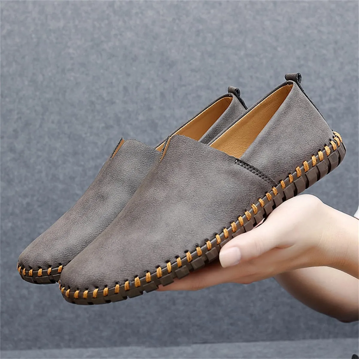 Men Leather Handmade Loafer Shoes Slip On Soft Fashion Round Toe Flats Non-Slip Walking Driving Shoes for Men