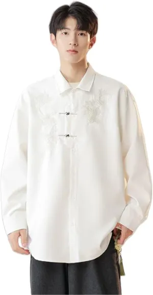 Men's Autumn Mandarin Collar Shirt with Embroidery Loose Fit Korean Style Long Sleeve Top