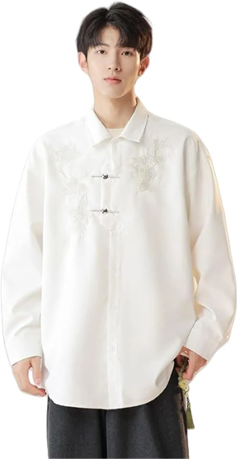 Men's Autumn Mandarin Collar Shirt with Embroidery Loose Fit Korean Style Long Sleeve Top