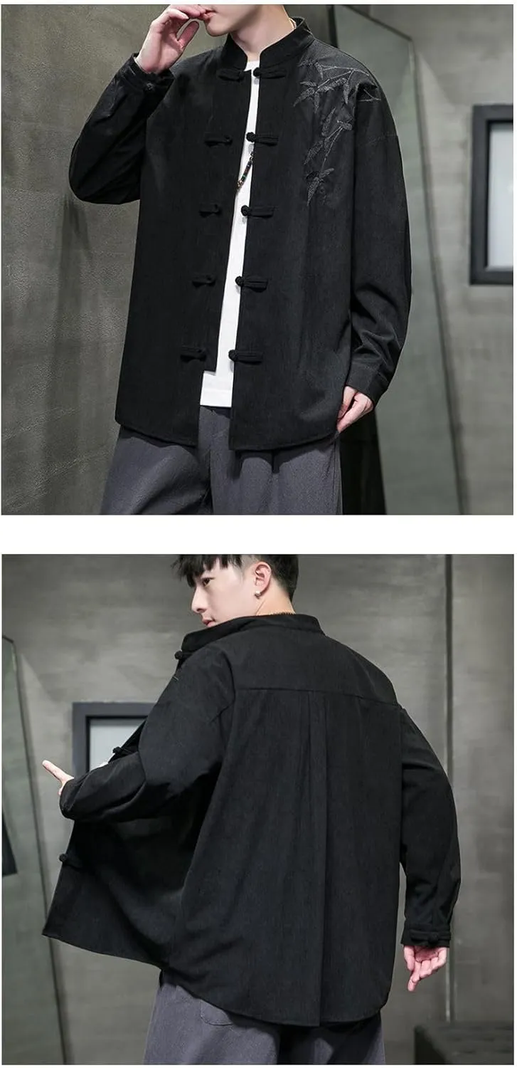 Men's Autumn Winter Chinese Style Retro Trendy Corduroy Shirt with Embroidery Long Sleeve Tang Suit Top