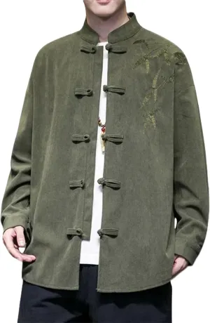 Men's Autumn Winter Chinese Style Retro Trendy Corduroy Shirt with Embroidery Long Sleeve Tang Suit Top