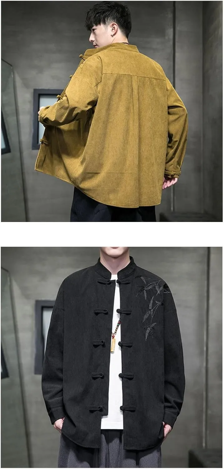 Men's Autumn Winter Chinese Style Retro Trendy Corduroy Shirt with Embroidery Long Sleeve Tang Suit Top
