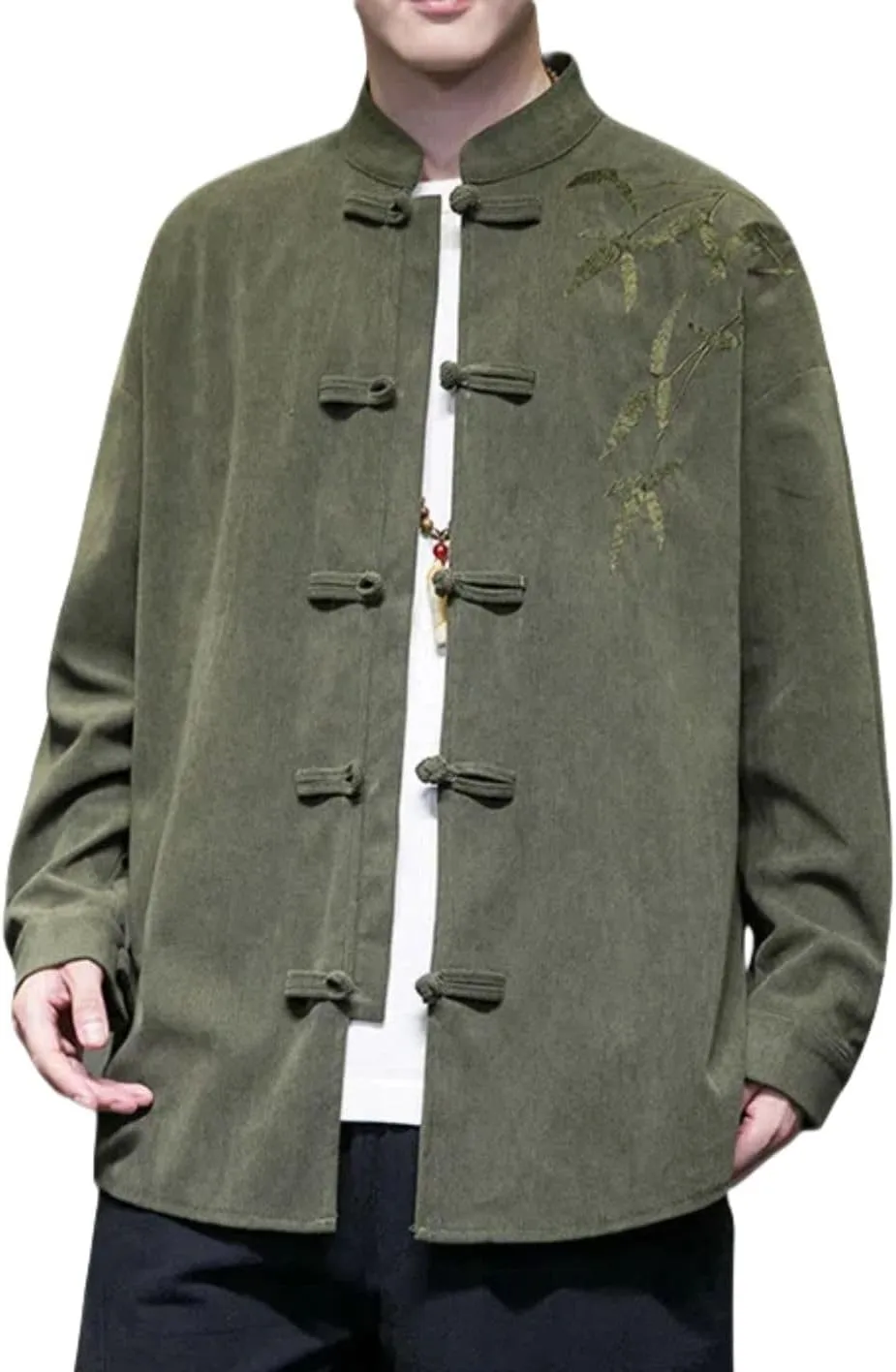 Men's Autumn Winter Chinese Style Retro Trendy Corduroy Shirt with Embroidery Long Sleeve Tang Suit Top