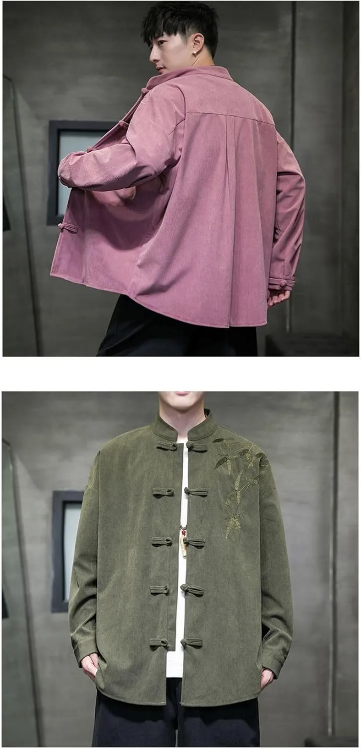 Men's Autumn Winter Chinese Style Retro Trendy Corduroy Shirt with Embroidery Long Sleeve Tang Suit Top