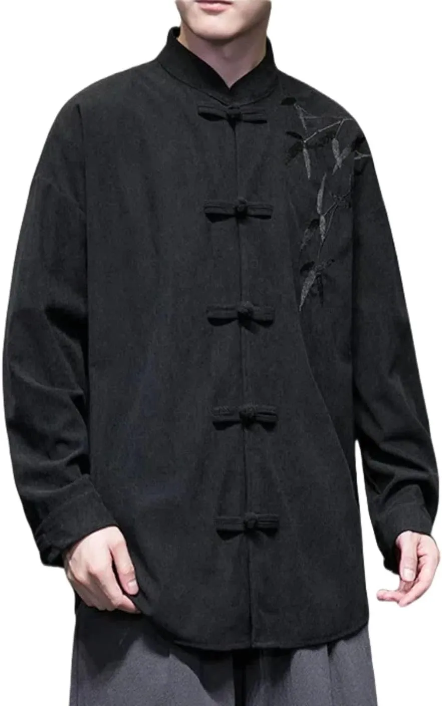 Men's Autumn Winter Chinese Style Retro Trendy Corduroy Shirt with Embroidery Long Sleeve Tang Suit Top