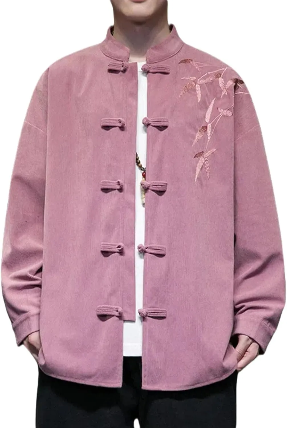 Men's Autumn Winter Chinese Style Retro Trendy Corduroy Shirt with Embroidery Long Sleeve Tang Suit Top