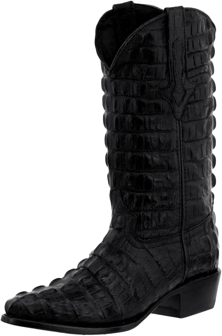 Mens Black Cowboy Western Boots Full Crocodile Tail Print J Toe