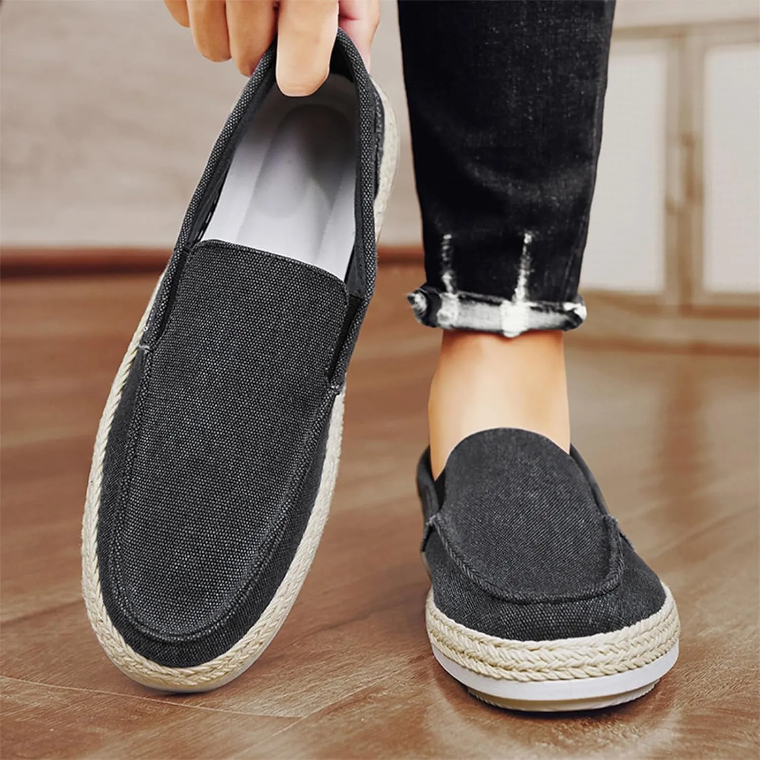 Men's Canvas Driving Penny Loafers Retro Round Toe Breathable Moccasin Shoes Espadrille Comfortable Slip On Casual Dress Boat Shoes