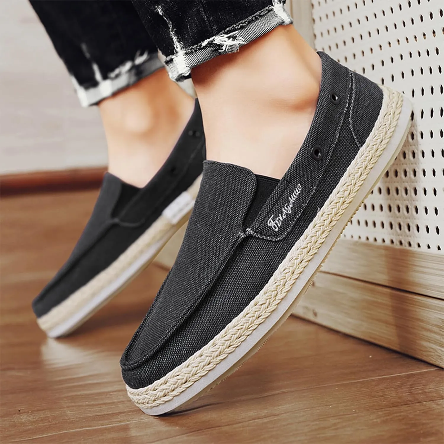 Men's Canvas Driving Penny Loafers Retro Round Toe Breathable Moccasin Shoes Espadrille Comfortable Slip On Casual Dress Boat Shoes