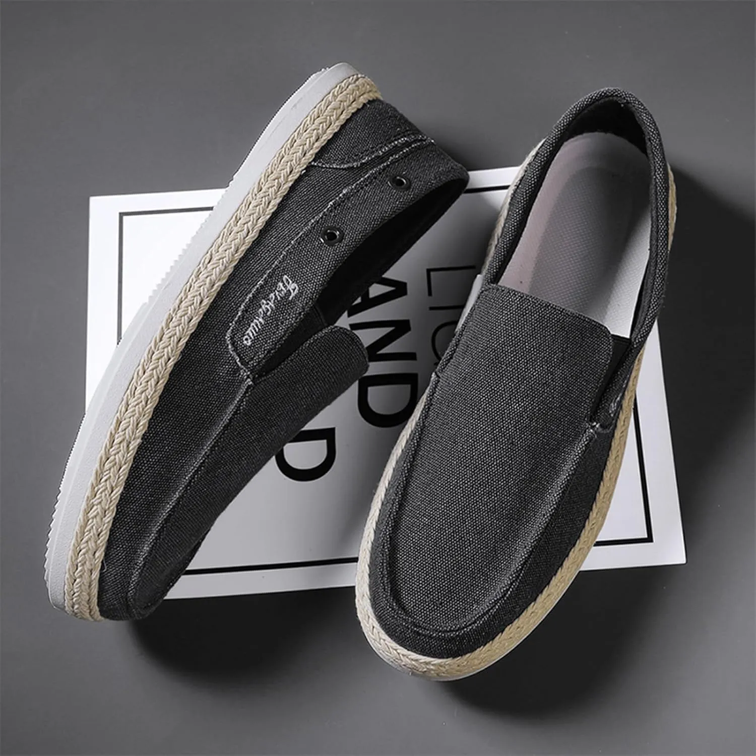 Men's Canvas Driving Penny Loafers Retro Round Toe Breathable Moccasin Shoes Espadrille Comfortable Slip On Casual Dress Boat Shoes