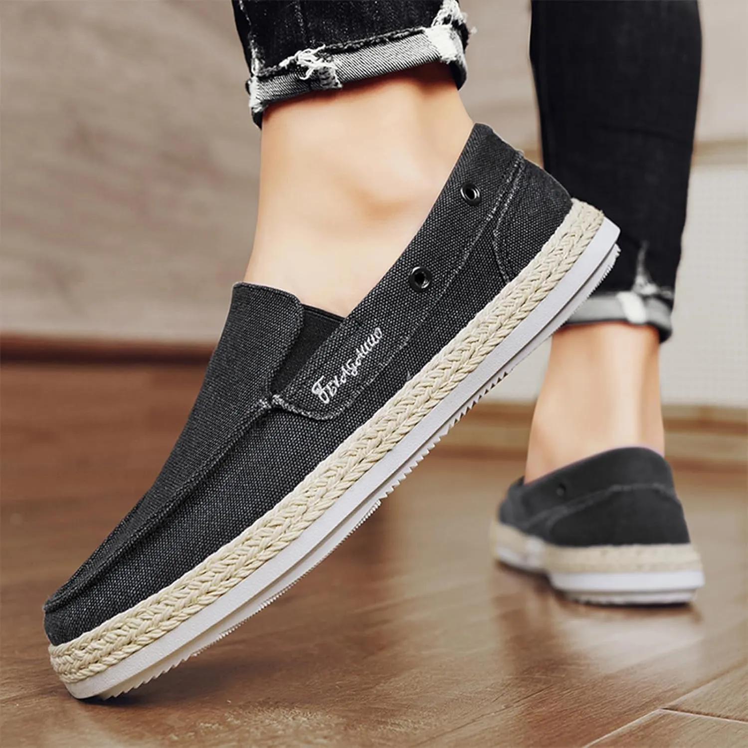 Men's Canvas Driving Penny Loafers Retro Round Toe Breathable Moccasin Shoes Espadrille Comfortable Slip On Casual Dress Boat Shoes