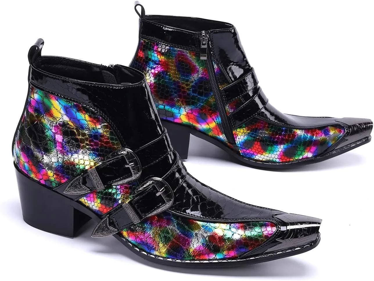 Men's Chelsea Boots - Genuine Leather Western Ankle Boots with Metal Tip-Toe, Zipper & Buckle - Two-Tone Dress & Casual Boots for Party, Disco & Singer